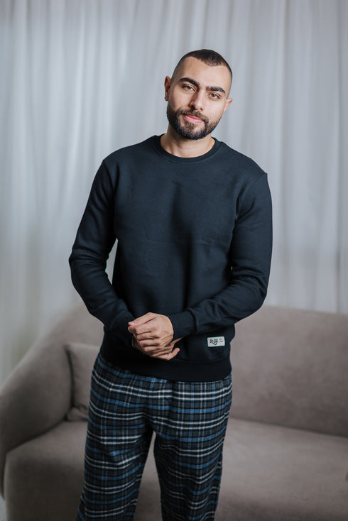 Men Winter Pajama Set Black T-shirt + Black x Gray Checkered pants
